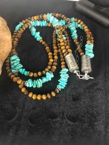 Men's Tigers Eye & Turquoise 3 Strand Necklace Navajo Sterling Silver 8418