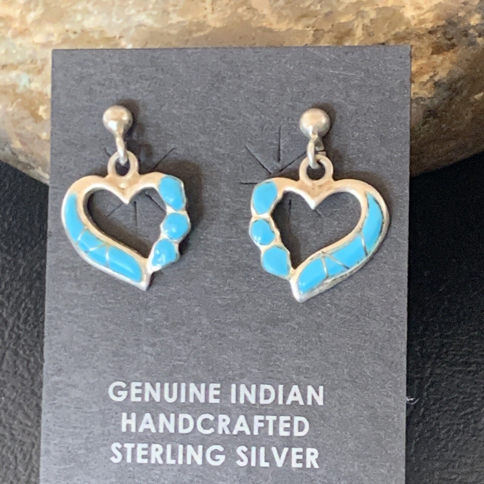 Blue Turquoise Heart Navajo Sterling Silver Dangle Post Earrings 0.5" 12717