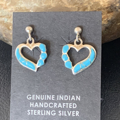 Blue Turquoise Heart Navajo Sterling Silver Dangle Post Earrings 0.5" 12717