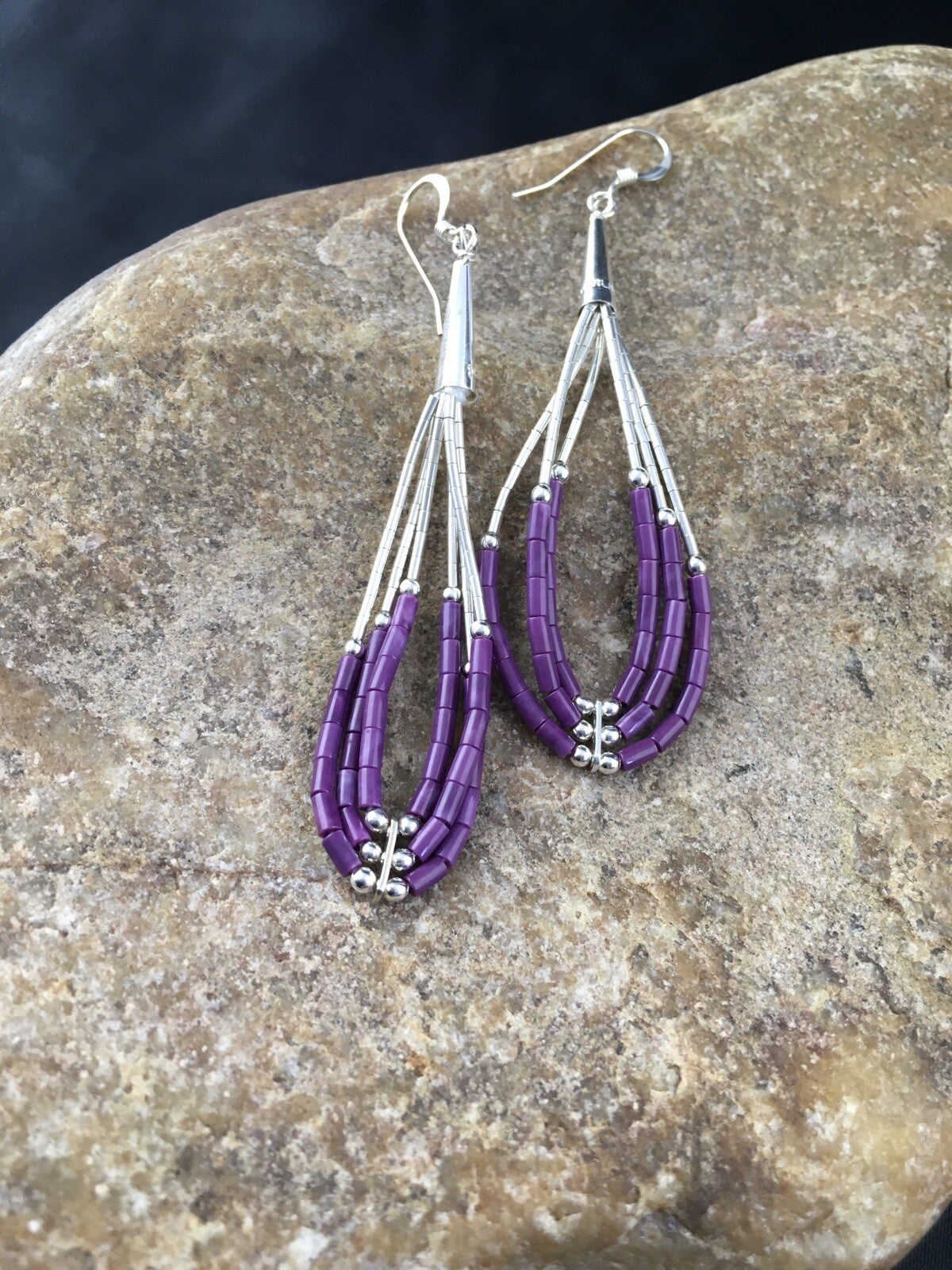 Purple Stone 3 Strand Heishi Liquid Sterling Silver Dangle Earrings 01985