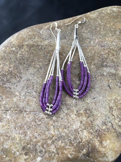 Purple Stone 3 Strand Heishi Liquid Sterling Silver Dangle Earrings 01985