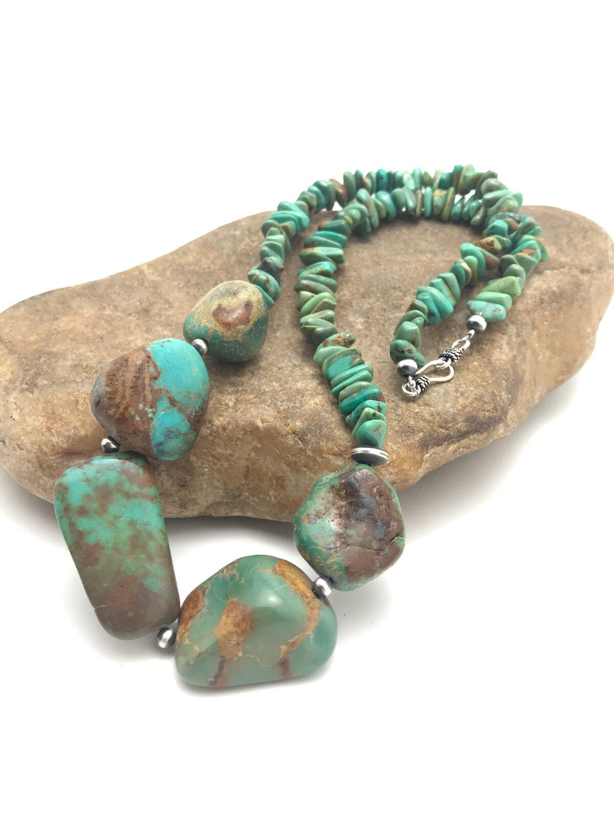 Chunky Green Nugget Turquoise Navajo Sterling Silver Necklace 23" 3216