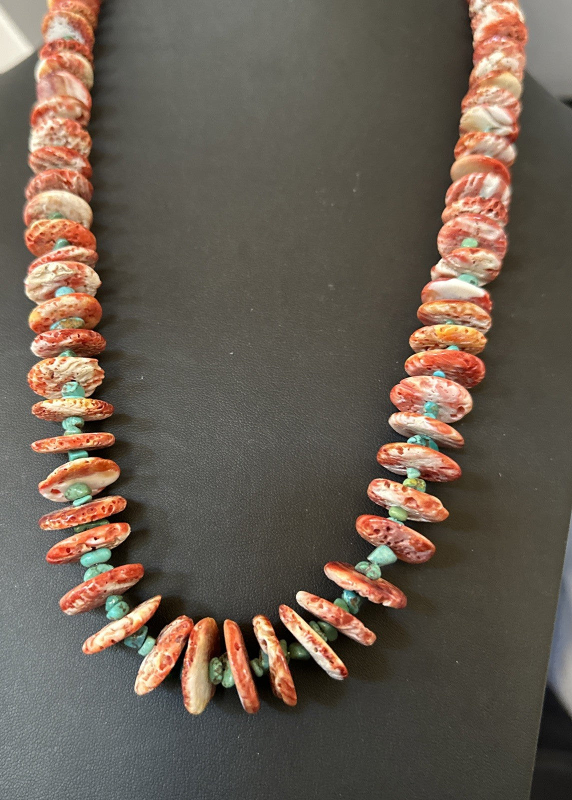 Red Spiny Oyster  Blue Turquoise Navajo Sterling Silver Necklace 28" 19718