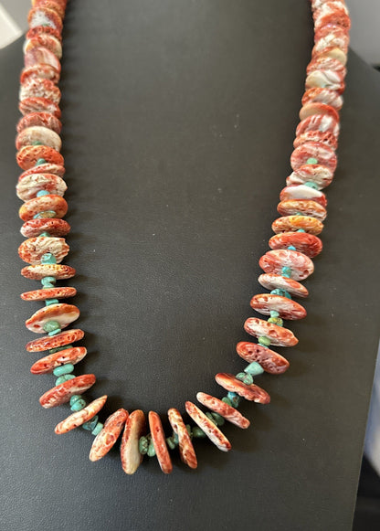 Red Spiny Oyster  Blue Turquoise Navajo Sterling Silver Necklace 28" 19718