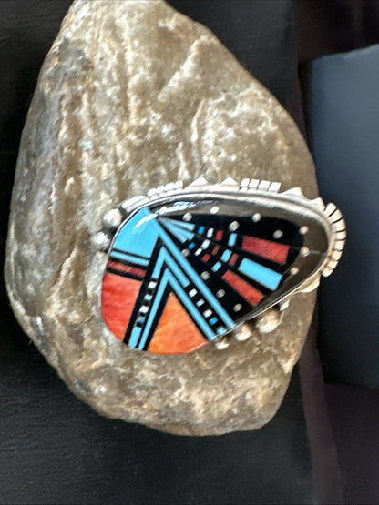 Cosmic Inlay Onyx Turquoise Spiny Navajo Sterling Silver Ring Size 9 19789