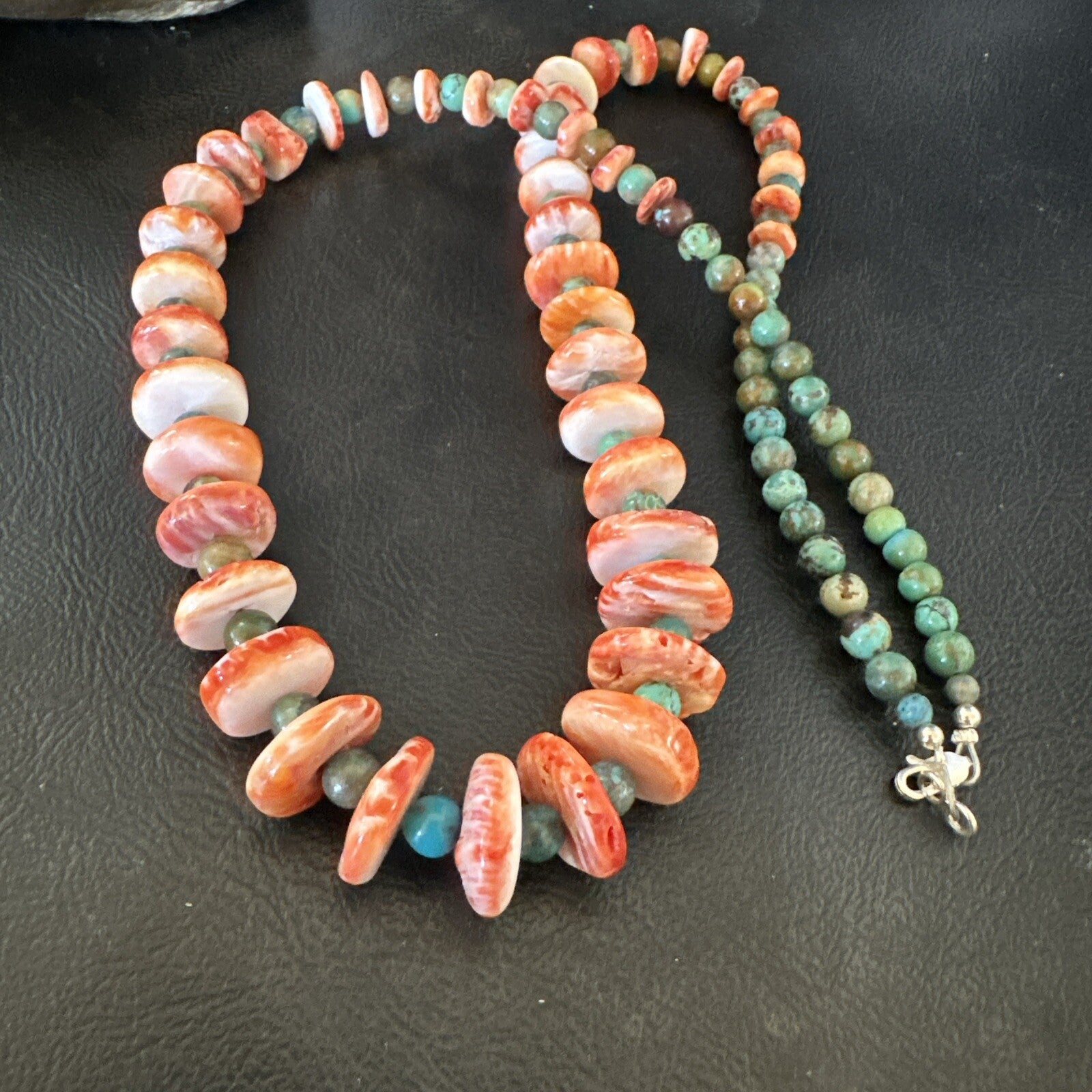 Red Spiny Oyster Green Turquoise 23” Long Navajo Sterling Silver Necklace 17762