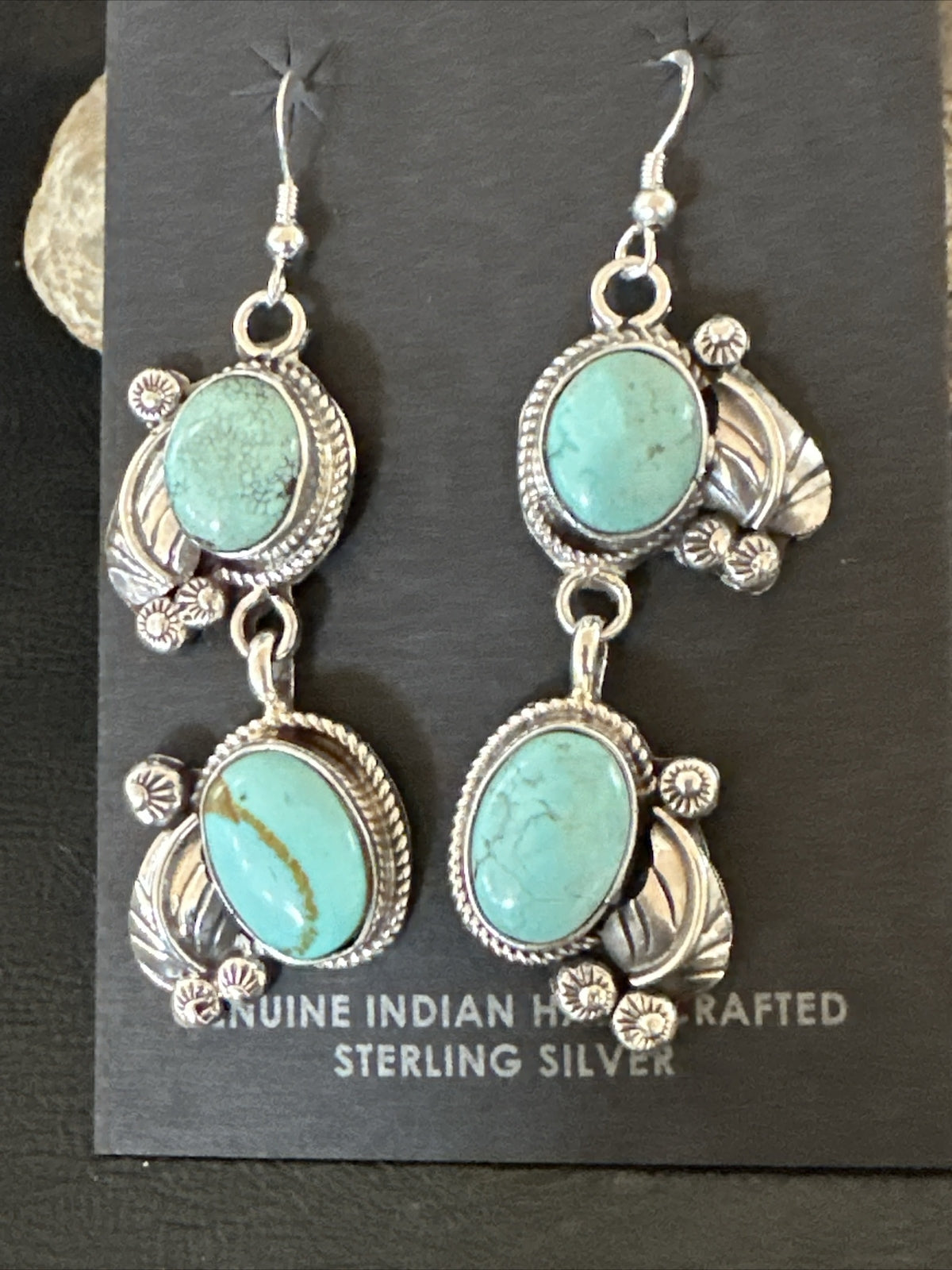 Native Navajo Blue Dry Creek Turquoise Sterling Silver Dangle Earrings 2” 17920