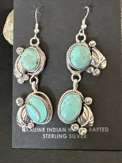 Native Navajo Blue Dry Creek Turquoise Sterling Silver Dangle Earrings 2” 17920