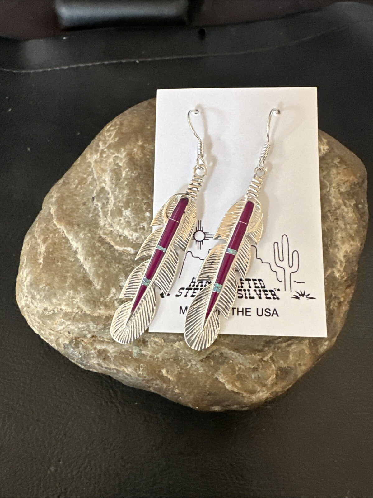Purple Sugilite Opal Sterling Silver Handmade Inlay Feather Earrings 18694