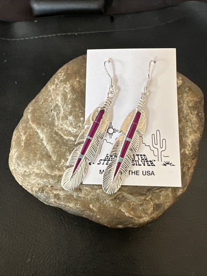 Purple Sugilite Opal Sterling Silver Handmade Inlay Feather Earrings 18694