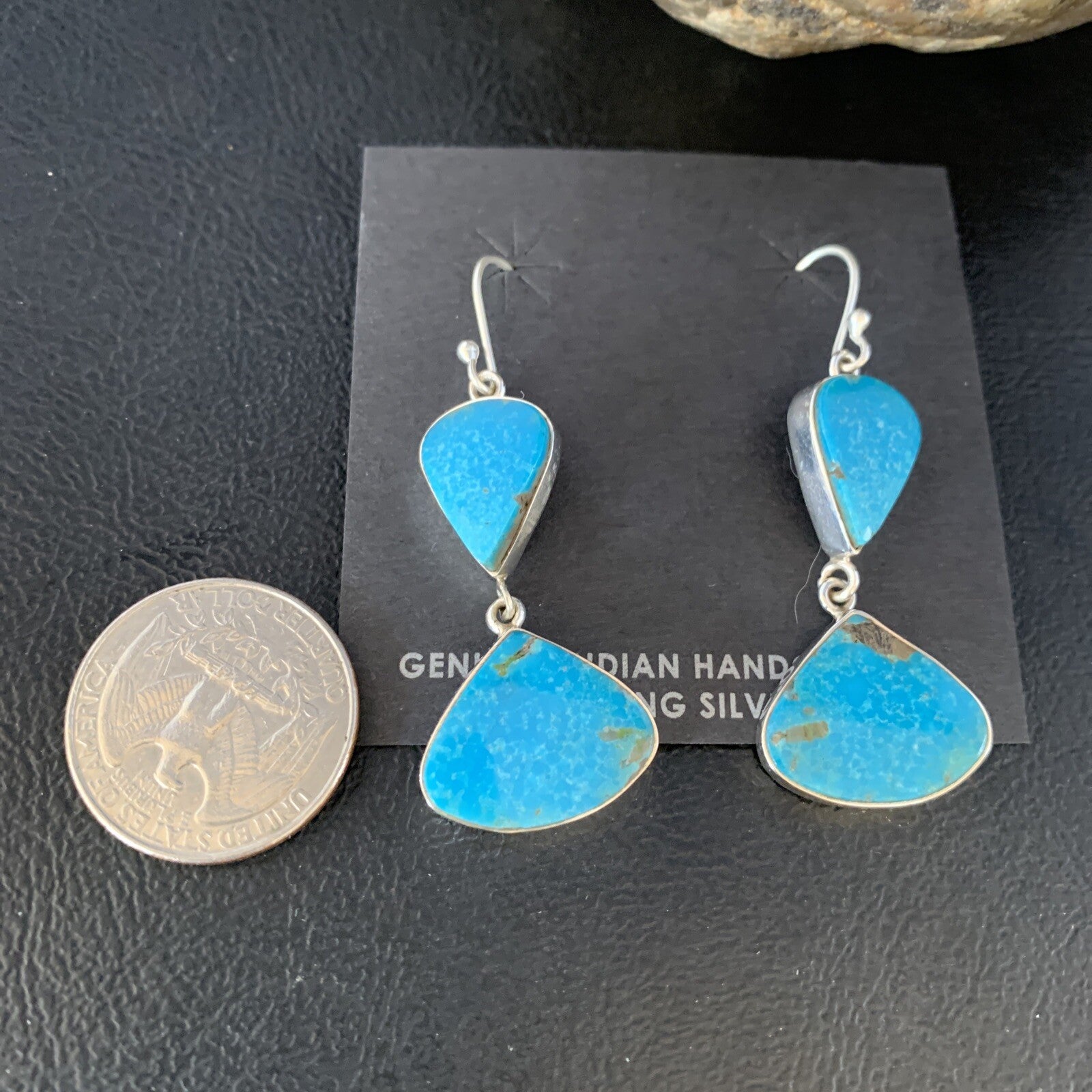 Kingman Turquoise Navajo Sterling Silver Dangle Earrings 1.5" 14013