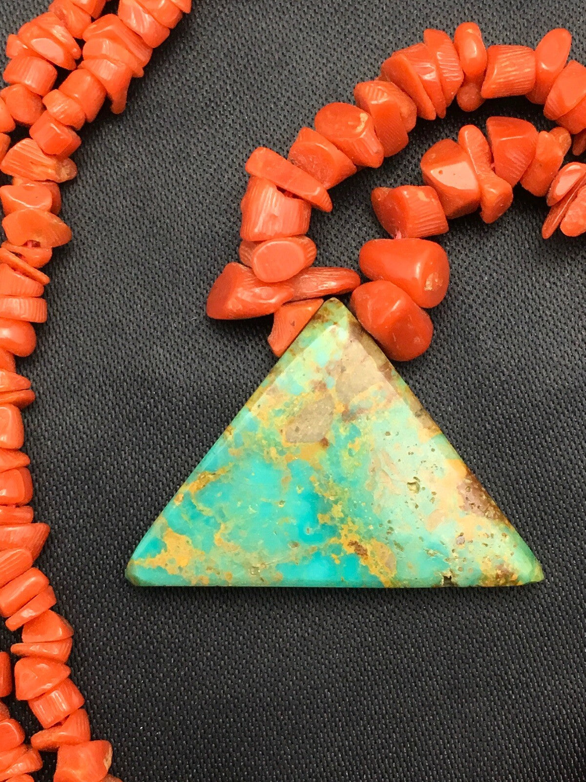 Native Kingman Turquoise Pendant Coral Brass Old Pawn Necklace 19" 04030