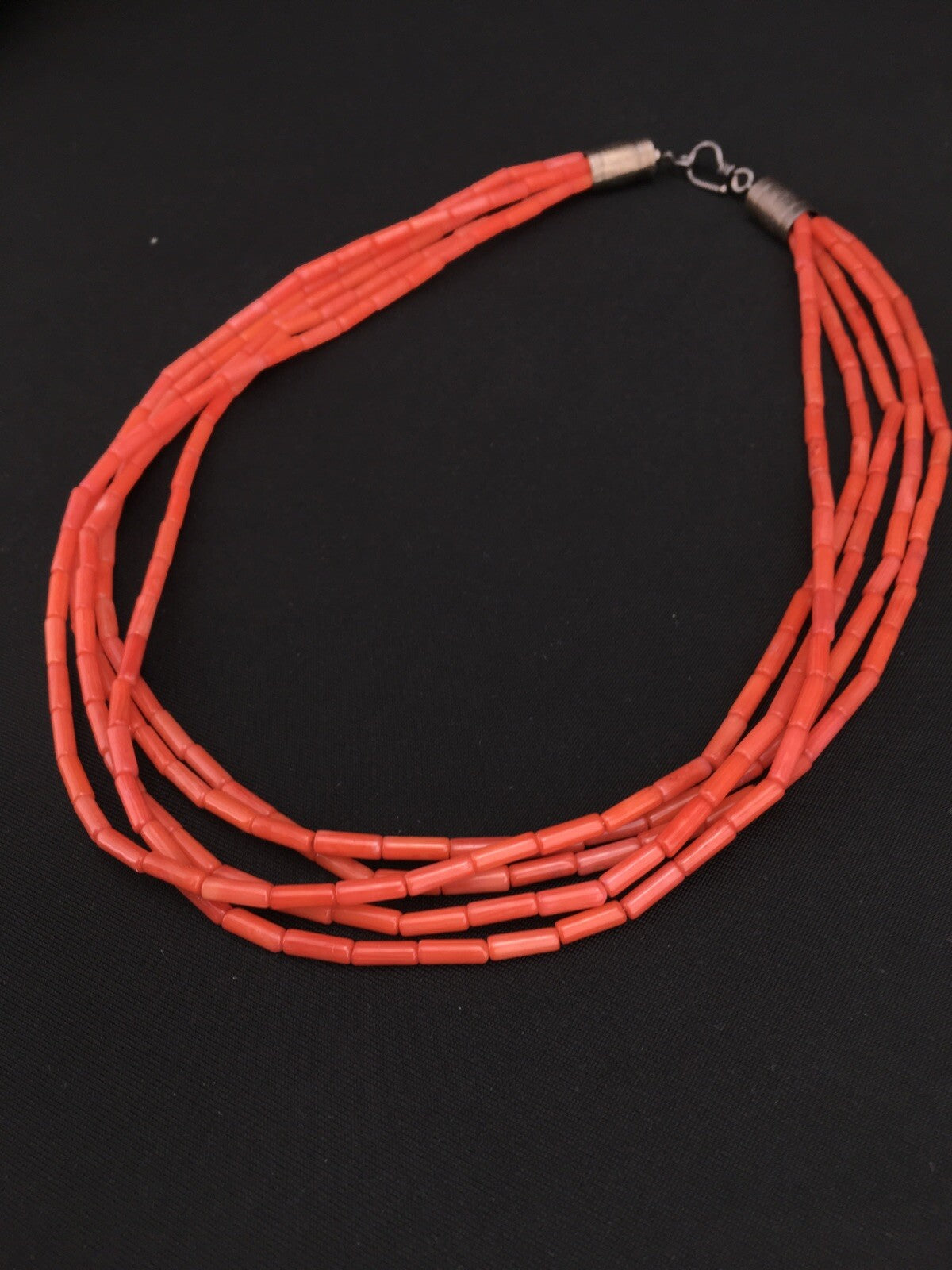 Orange Coral Tube Heishi Bead 5 Strand Navajo Sterling Silver Necklace 19" 1108