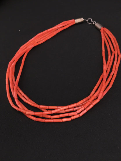 Orange Coral Tube Heishi Bead 5 Strand Navajo Sterling Silver Necklace 19" 1108