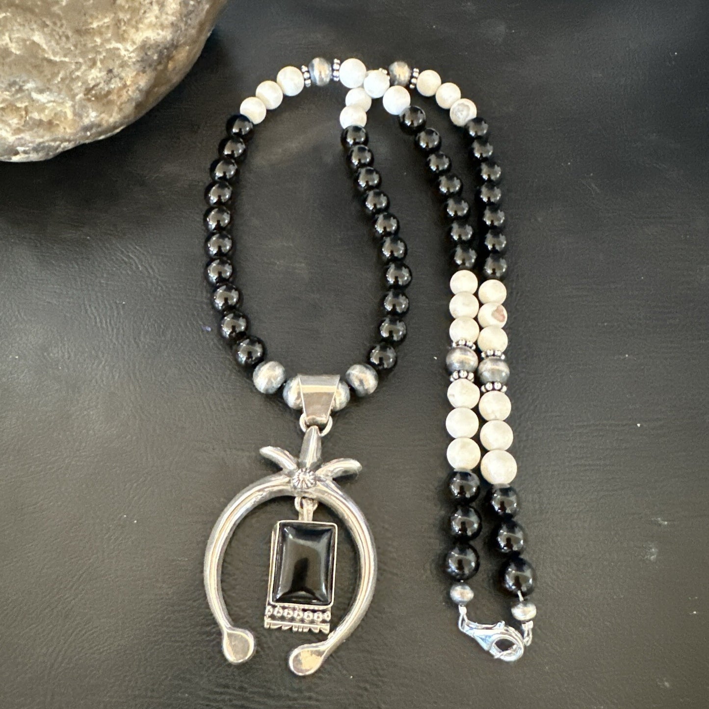 Mens Black Onyx Howlite Naja Pendant Navajo Sterling Silver Necklace 23” 17687