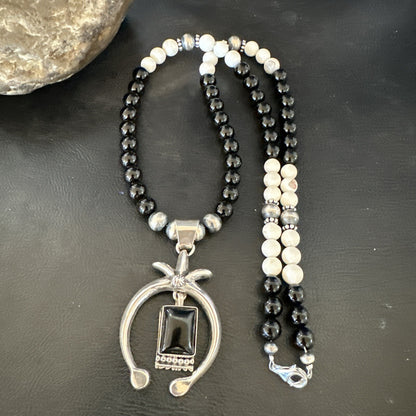 Mens Black Onyx Howlite Naja Pendant Navajo Sterling Silver Necklace 23” 17687