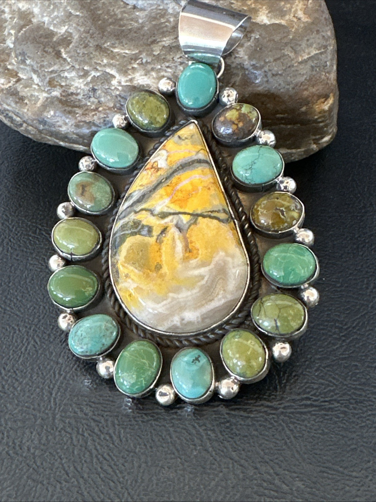 Navajo Bumblebee Jasper Green Turquoise Sterling Silver Necklace Pendant 19441