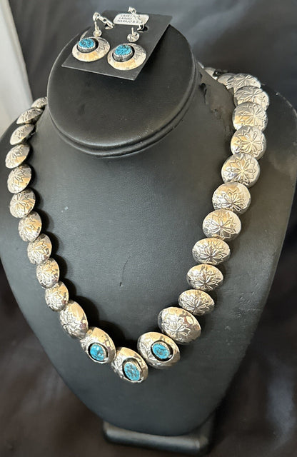 Reversible Coral Turquoise Navajo Sterling Silver Necklace Earrings 24" 17769