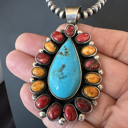 Multicolor Turquoise Spiny Navajo Sterling Silver Cluster Pendant Necklace 19560