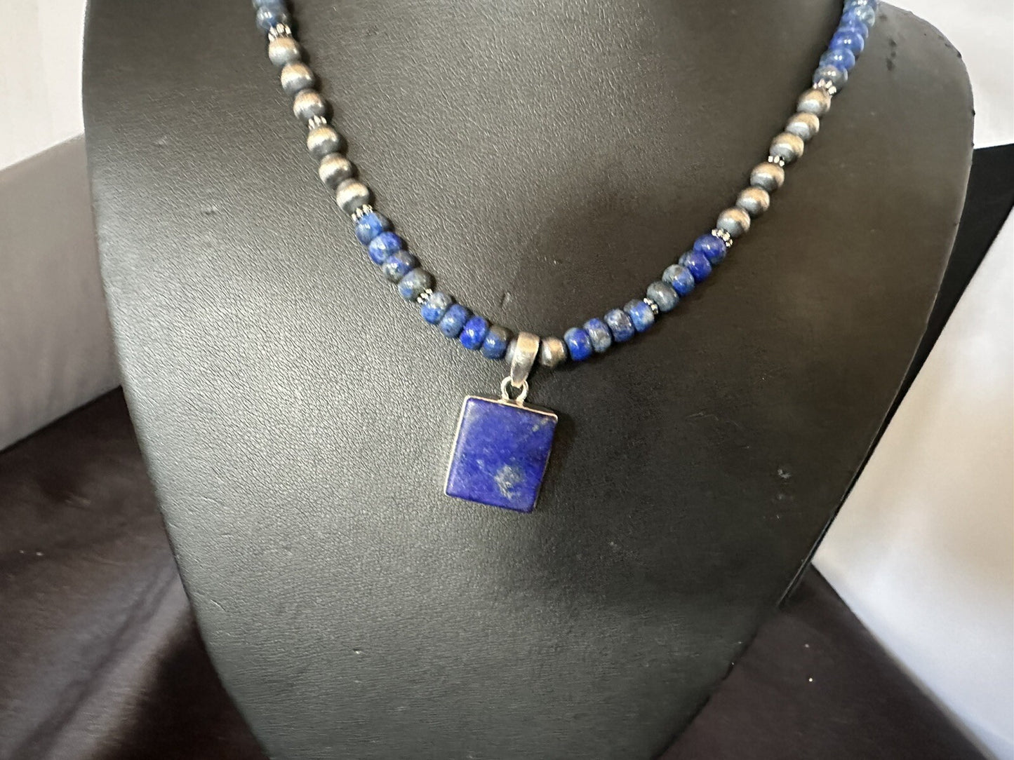 Mens Womens Blue Lapis Navajo Sterling Silver Cluster Pendant Necklace 21” 18341