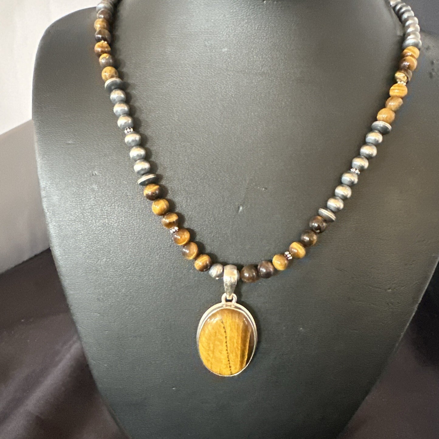 Coffee Brown Tigers Eye Sterling Silver Pendant Necklace Southwestern 18283