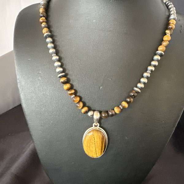 Coffee Brown Tigers Eye Pendant Necklace Southwestern | Sterling Silver | Authentic Native American Handmade | 18283