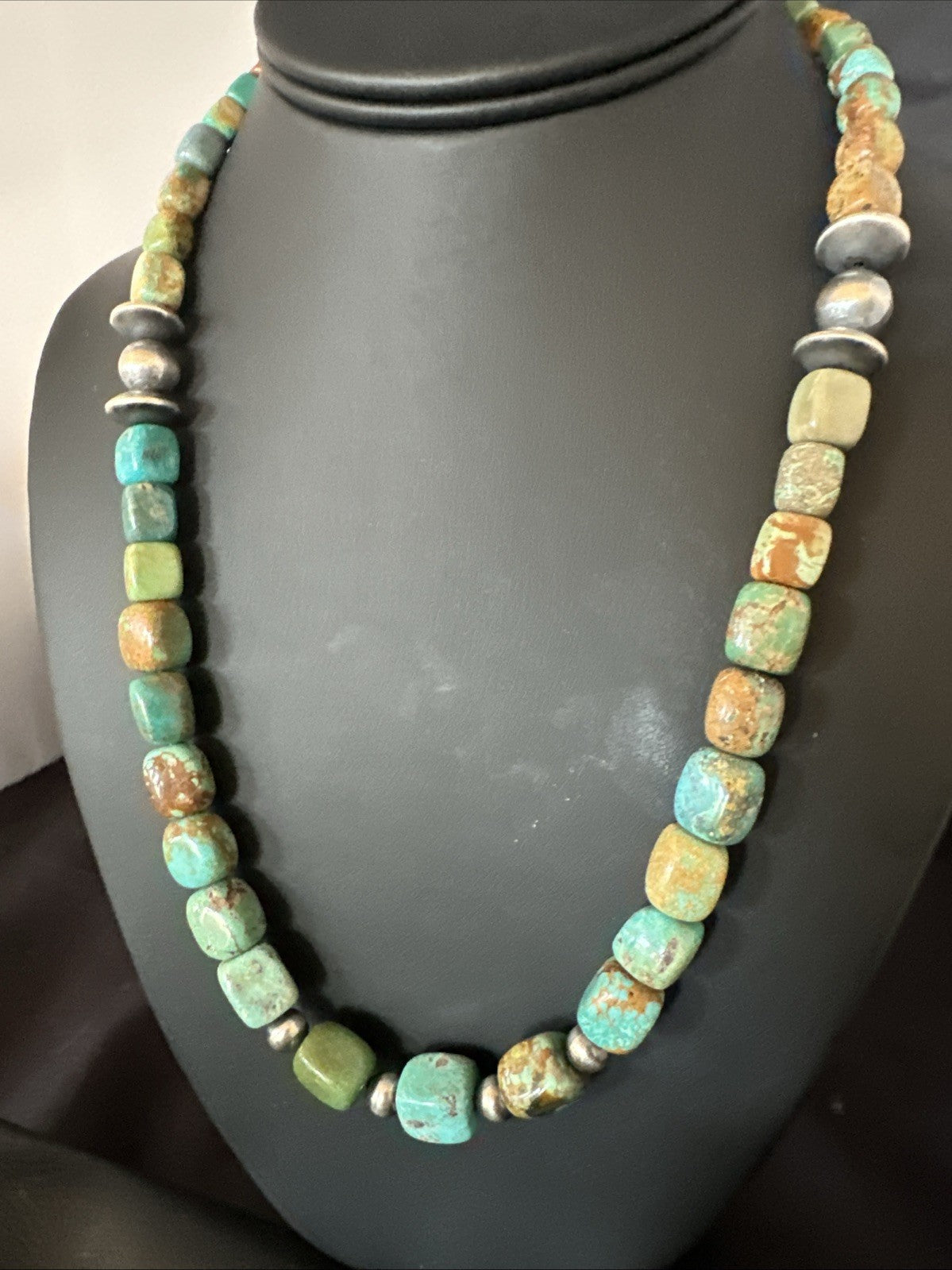 Cube Green Turquoise Navajo Graduated Sterling Silver Necklace 21” 19205