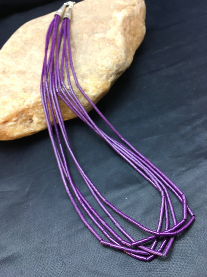 Purple Tube Heishi Stabilized 5 Strand Navajo Sterling Silver Necklace 02505