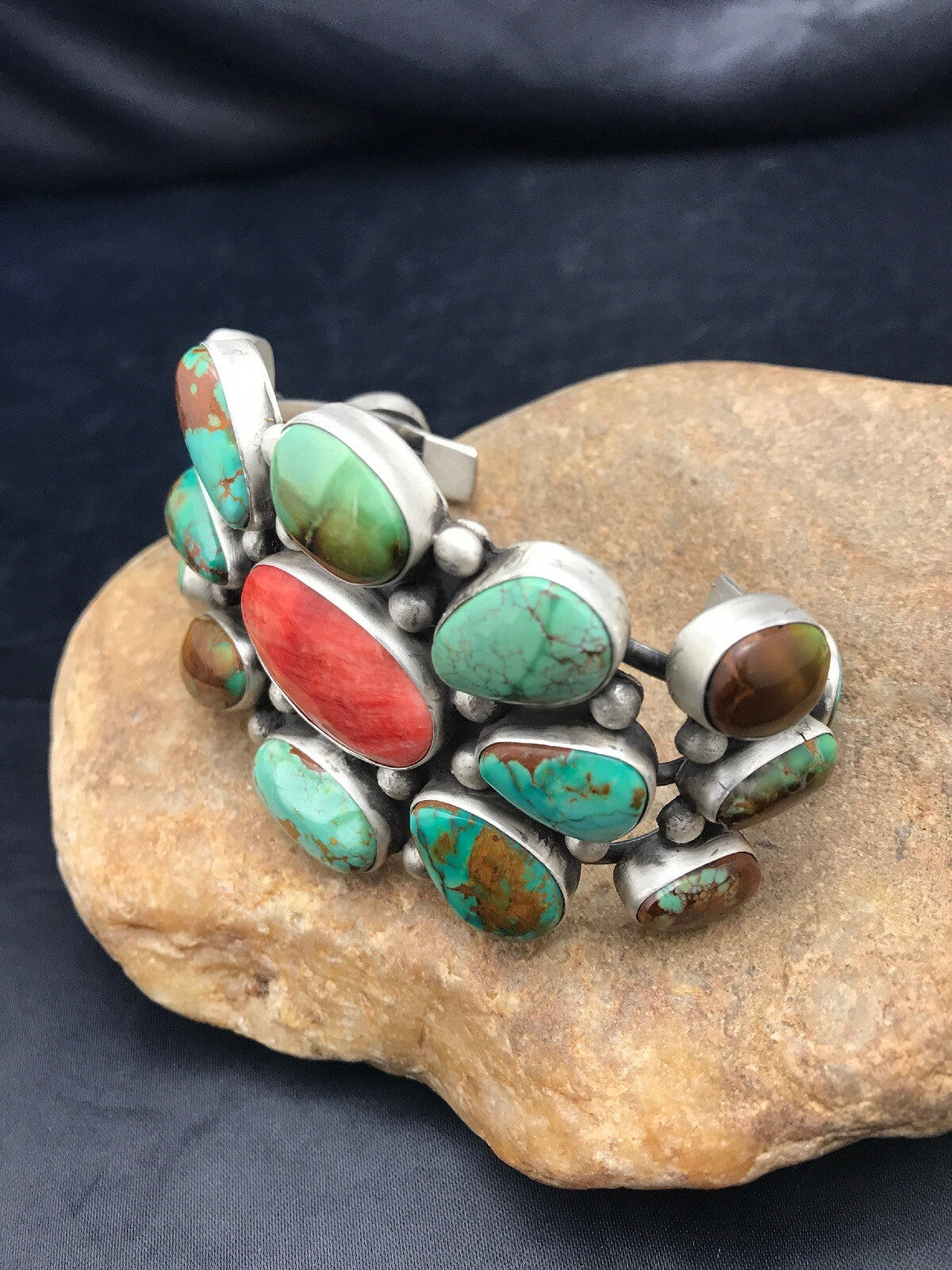 Royston Turquoise & Red Spiny Oyster Navajo Sterling Silver Bracelet 01052