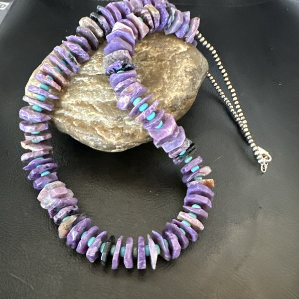 Purple Charoite Blue Turquoise Navajo Necklace 25" | Sterling Silver | Authentic Native American Handmade | 18054