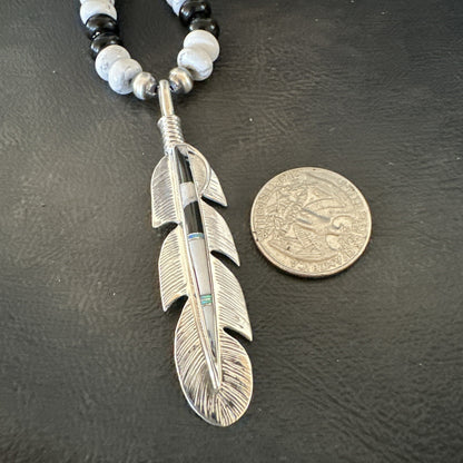 Feather White Buffalo Turquoise Opal Pendant Sterling Silver Necklace 21” 18670