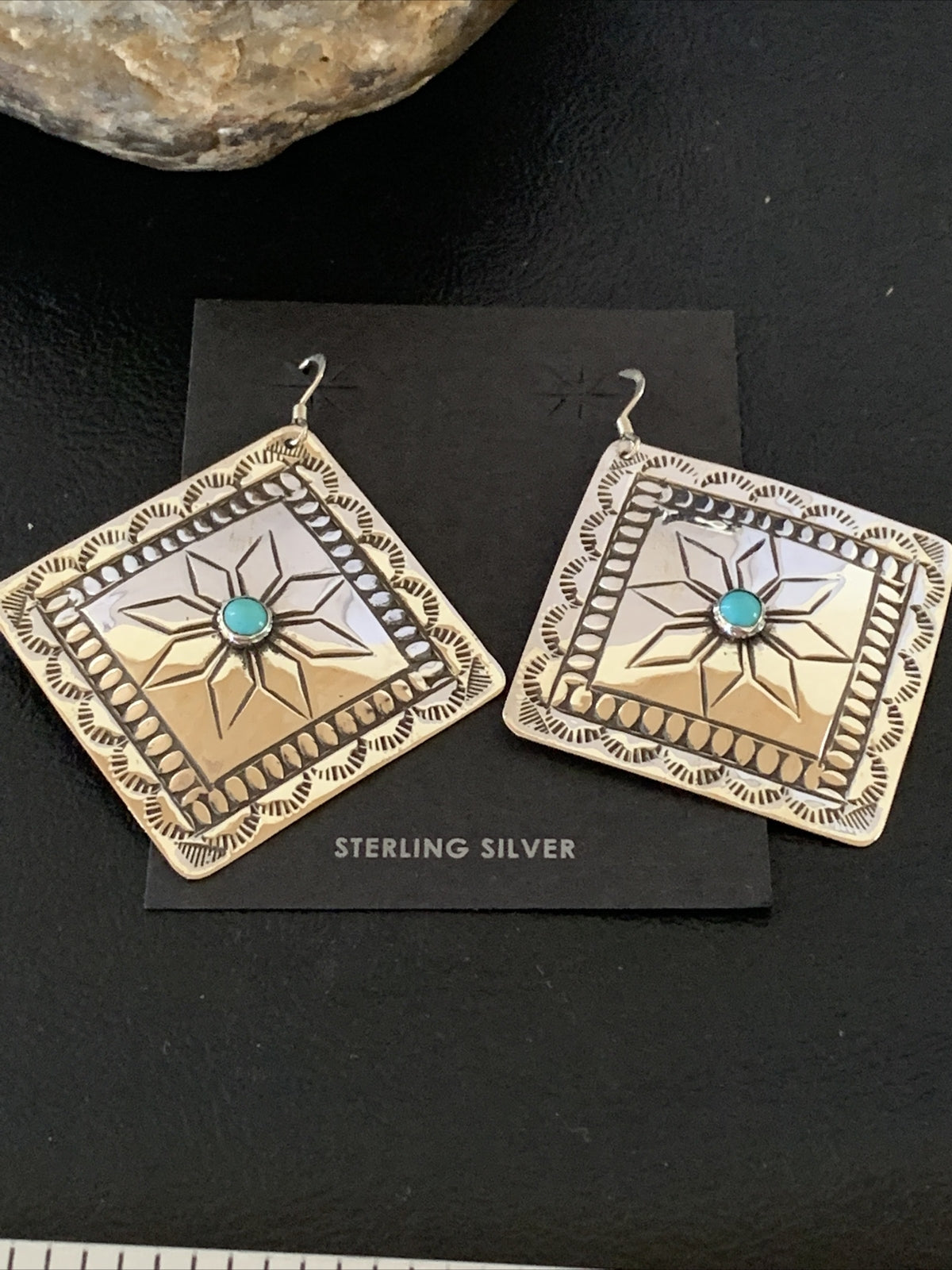 Blue Turquoise Navajo Sterling Silver Earrings 2.25" 12057