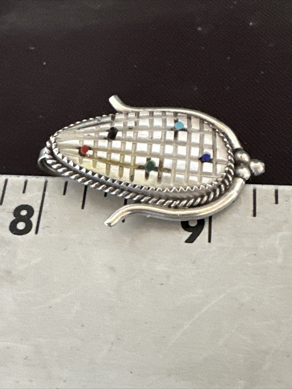 CORN INLAY Turquoise White MOP Spiny Zuni Sterling Silver Pin Pendant 17849
