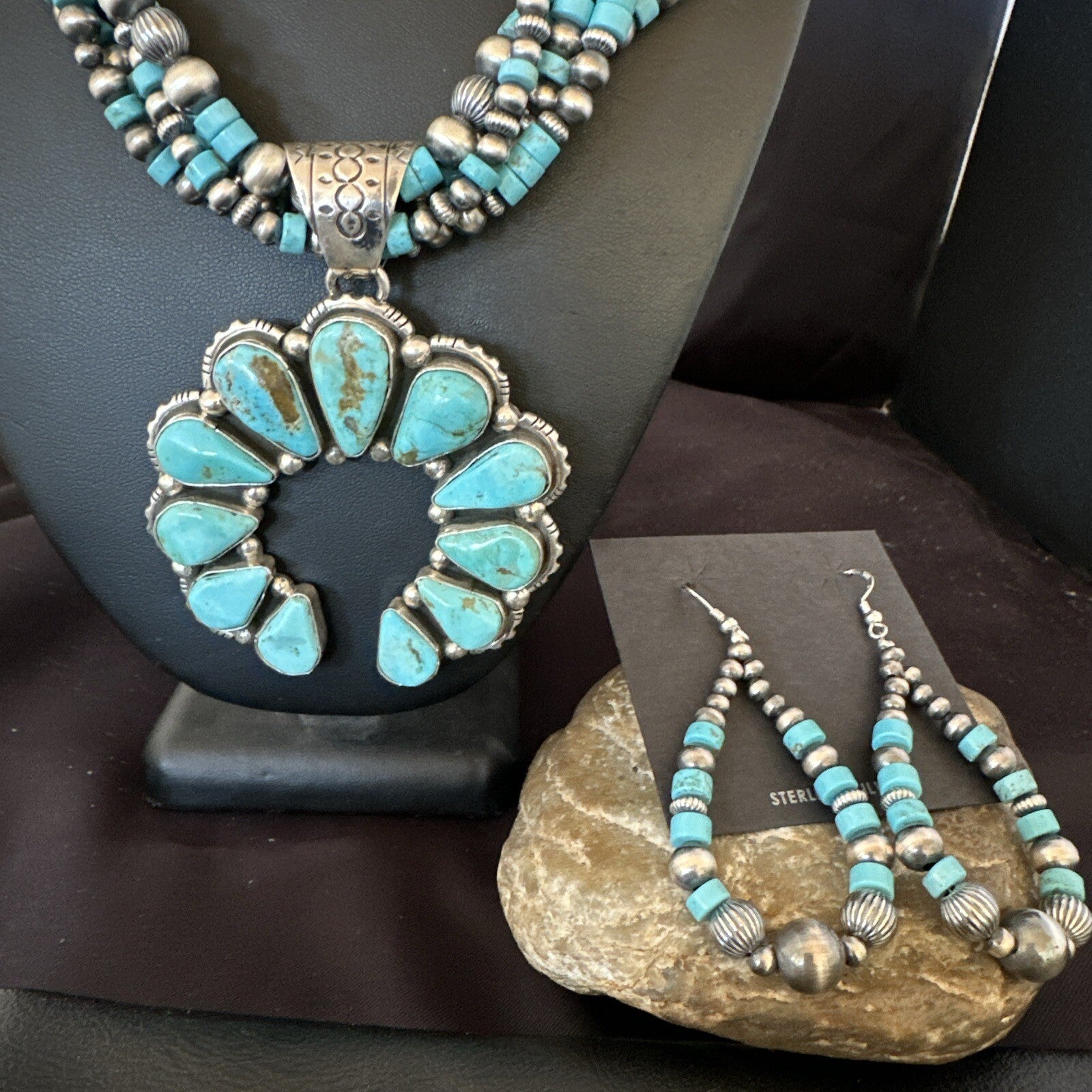 Blue Turquoise Naja Pendant Navajo Sterling Silver Earrings Necklace 21" 16865