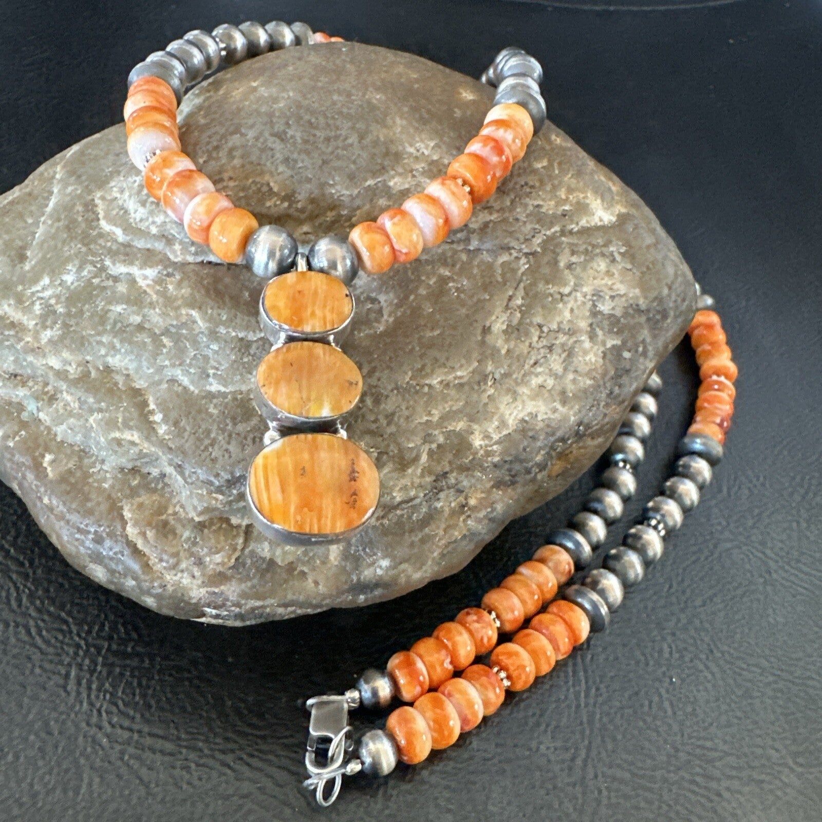 Navajo Pearls Sterling Silver Necklace Orange Spiny Oyster Pendant 20" 18264