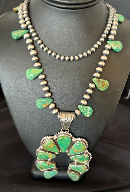 Mens Green Turquoise Naja Pendant Navajo Sterling Silver Necklace 28" 17380
