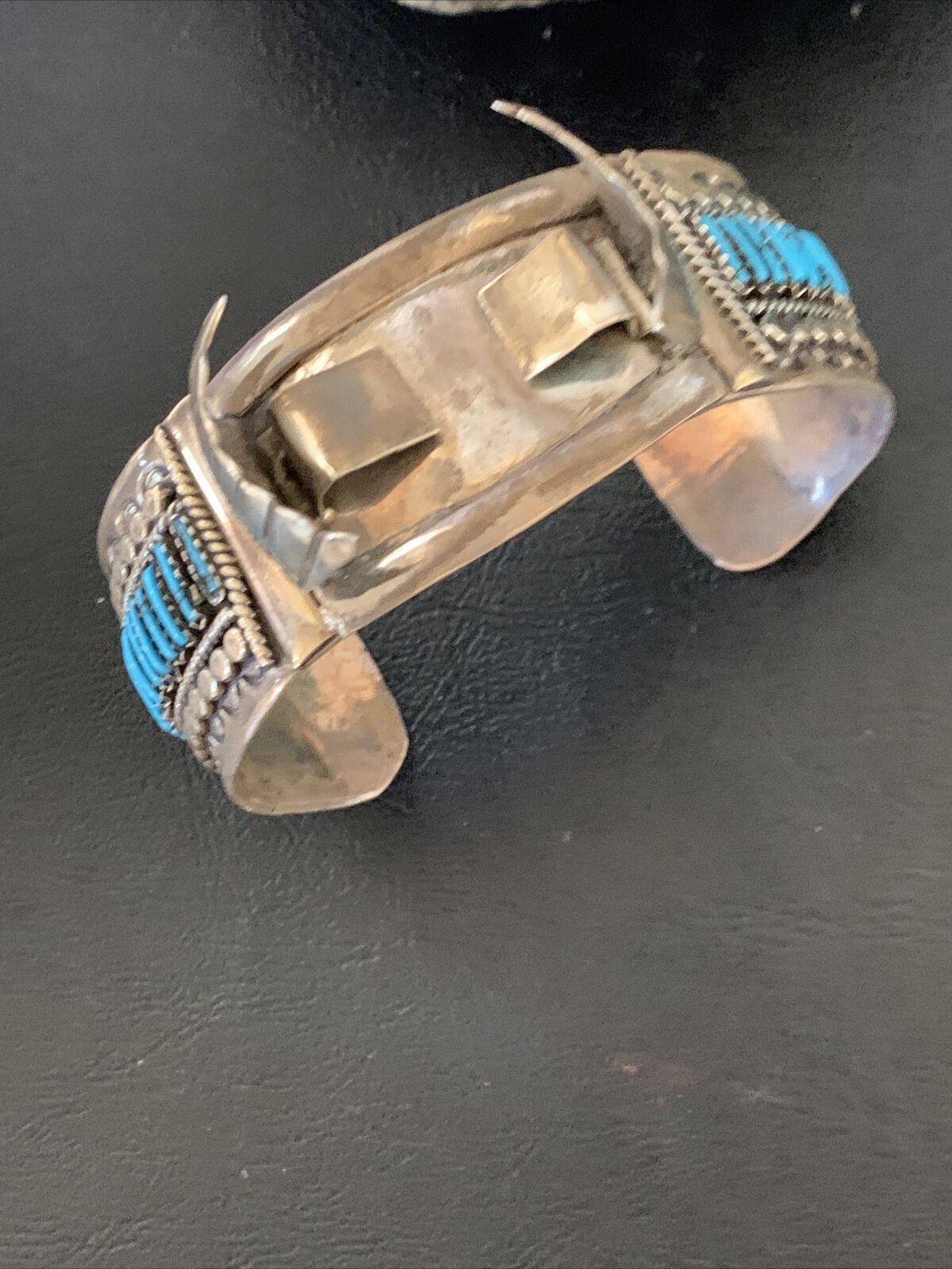 Mens Blue Turquoise Zuni Sterling Silver Inlay Cuff Watch Tips Bracelet 19033