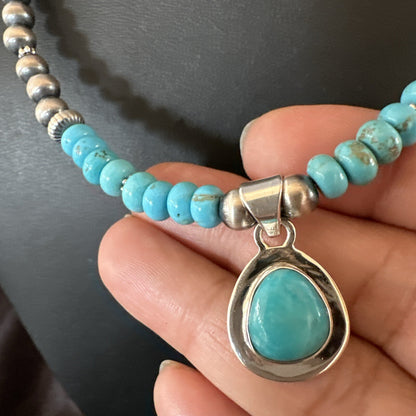 Mens Blue Kingman Turquoise Pendant Navajo Sterling Silver Necklace 21" 17904
