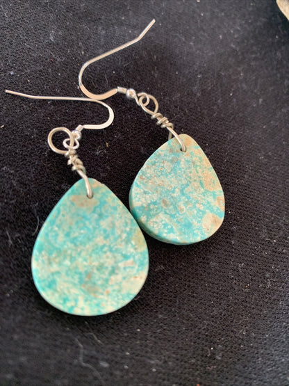 Navajo Sterling Silver Slab Turquoise Dangle Earrings 01357