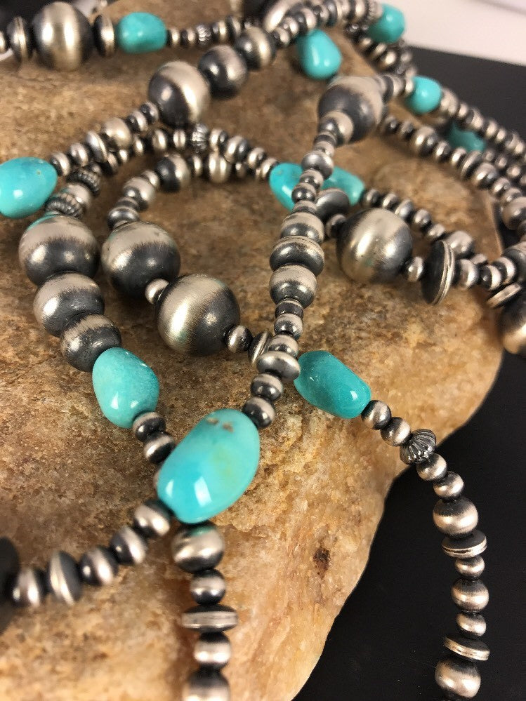 Sterling Silver Navajo Pearls Sleeping Beauty Turquoise Necklace 70" 8051