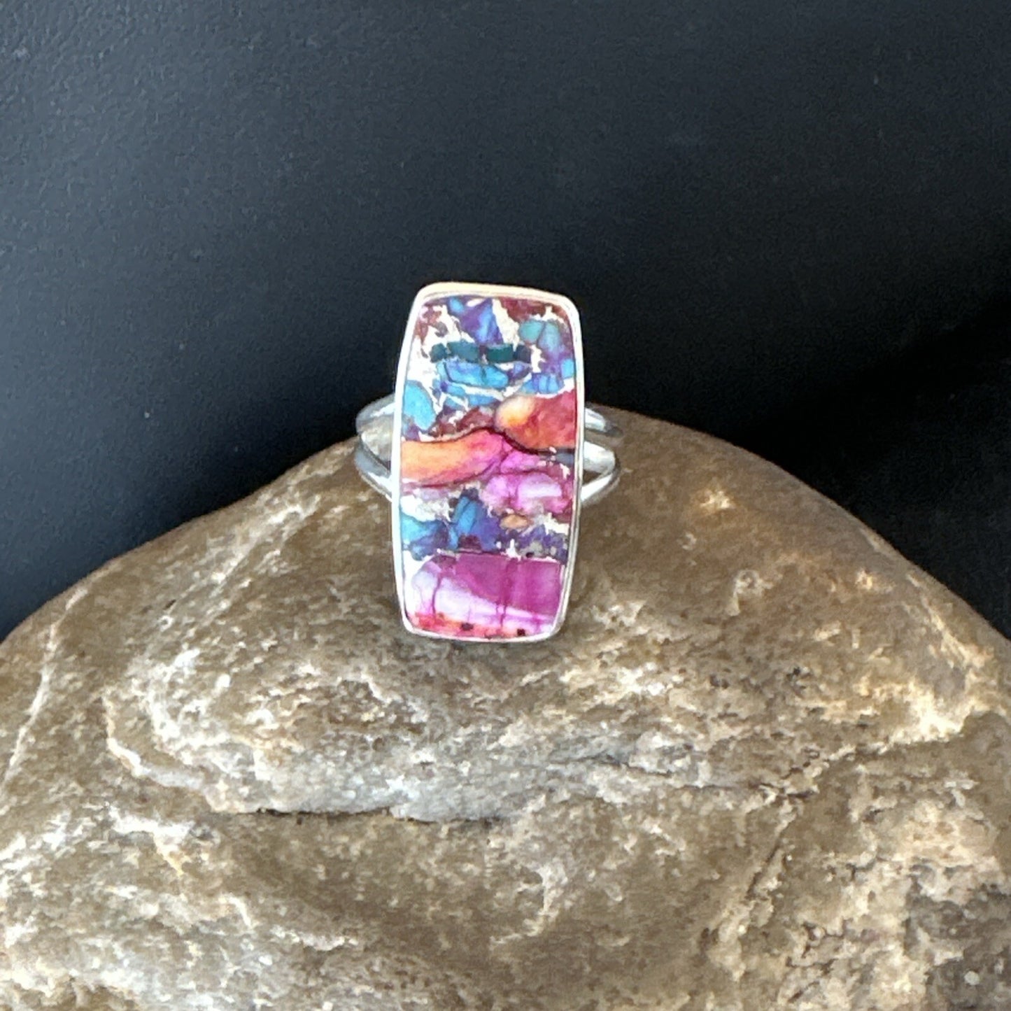 Blue Turquoise Spiny Oyster Southwestern Sterling Silver Ring Size 9 18541