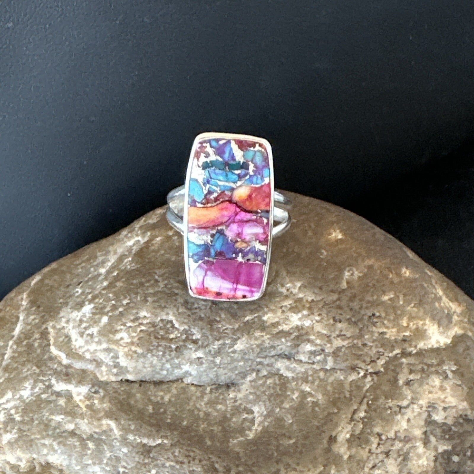 Blue Turquoise Spiny Oyster Southwestern Sterling Silver Ring Size 9 18541