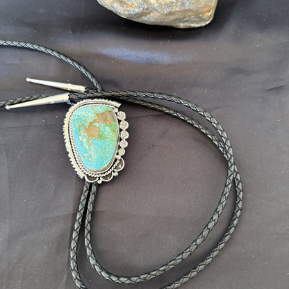 Native Mens Blue Green Royston Turquoise Bolo Tie Sterling Silver Navajo 19594