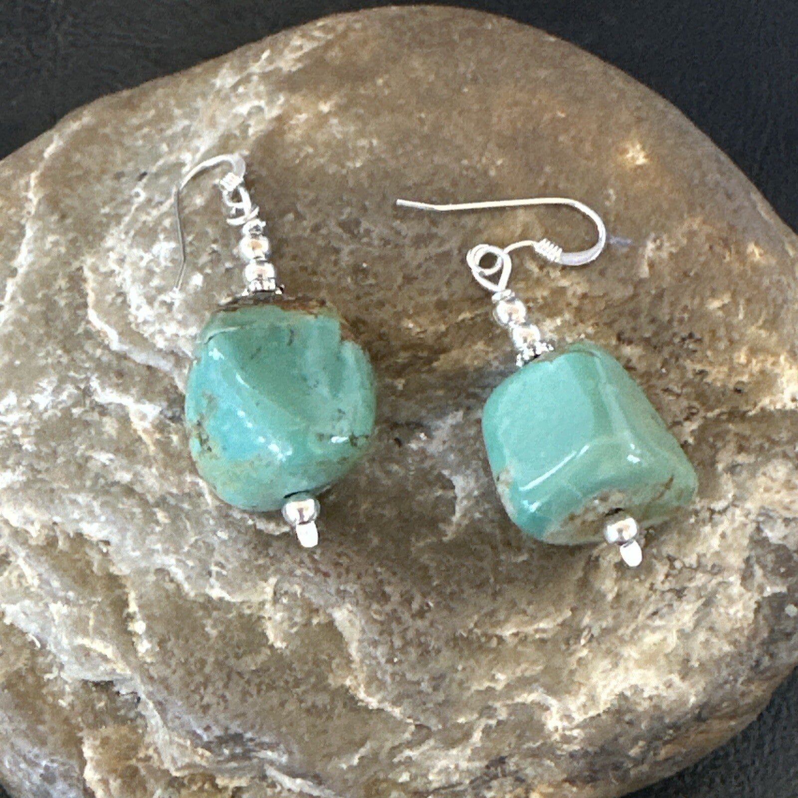 Green Turquoise Nugget Sterling Silver Beads Navajo Earrings 1" 17868