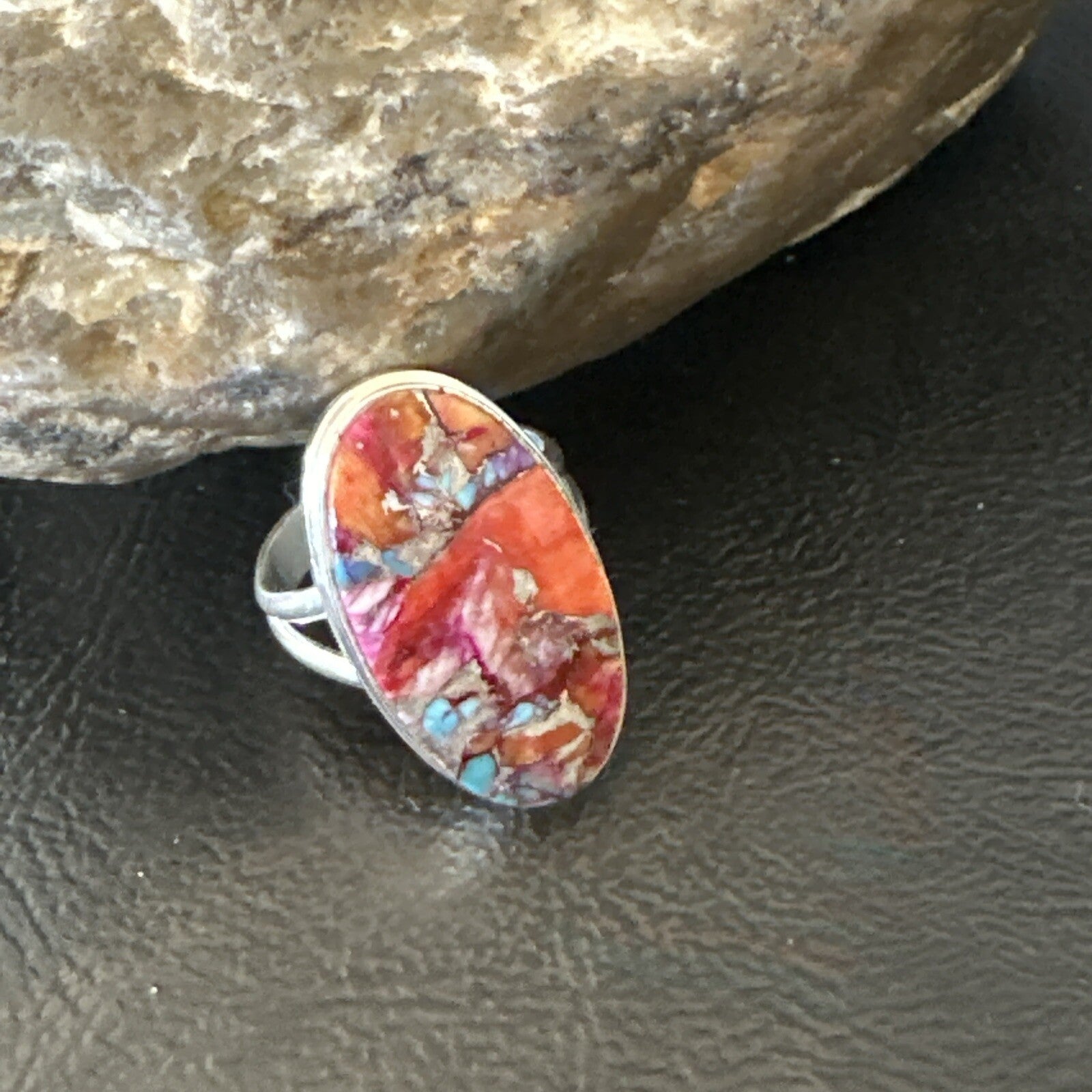 Blue Turquoise Spiny Oyster Southwestern Sterling Silver Ring Size 8 18481