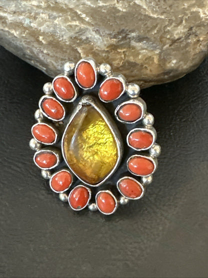 Golden Amber Red Coral Navajo Sterling Silver Cluster Ring Size 6 18563