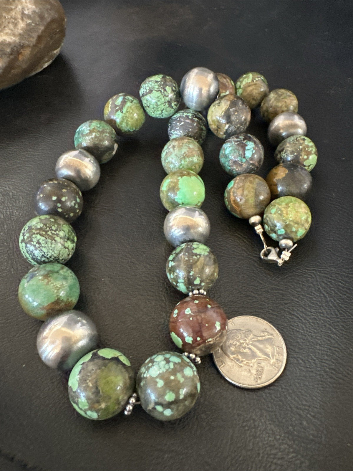 18mm Green Turquoise Round Navajo Pearls Sterling Silver Necklace 21" 19145