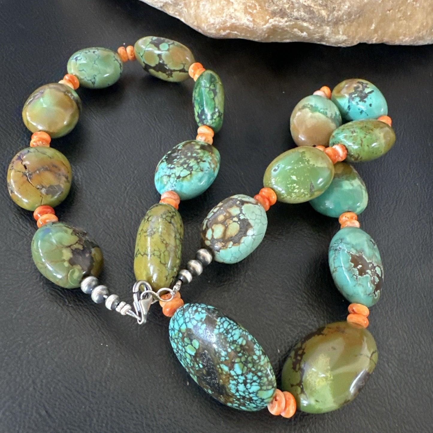 Blue Green Turquoise Spiny Chunky Navajo Sterling Silver Necklace 22” 19253