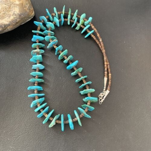 Navajo Sterling Silver Kingman Turquoise Shell Necklace 26" 11817