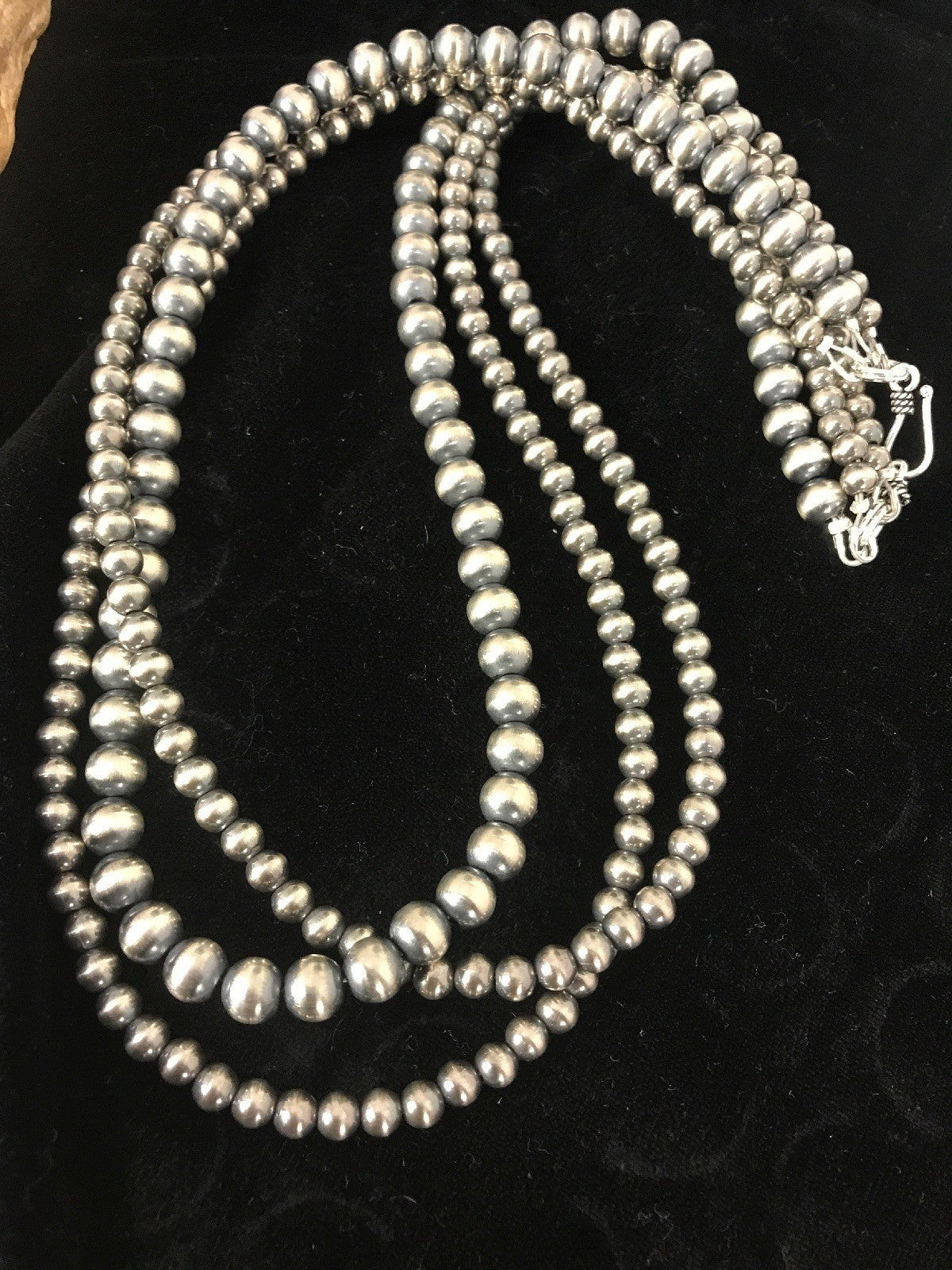 Native American 4, 5, 6 mm Sterling Silver Beads 3 Strand 30” Necklace